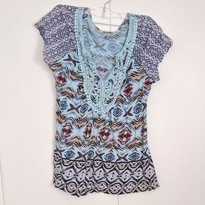 One World tribal pattern beaded lace V neck blouse